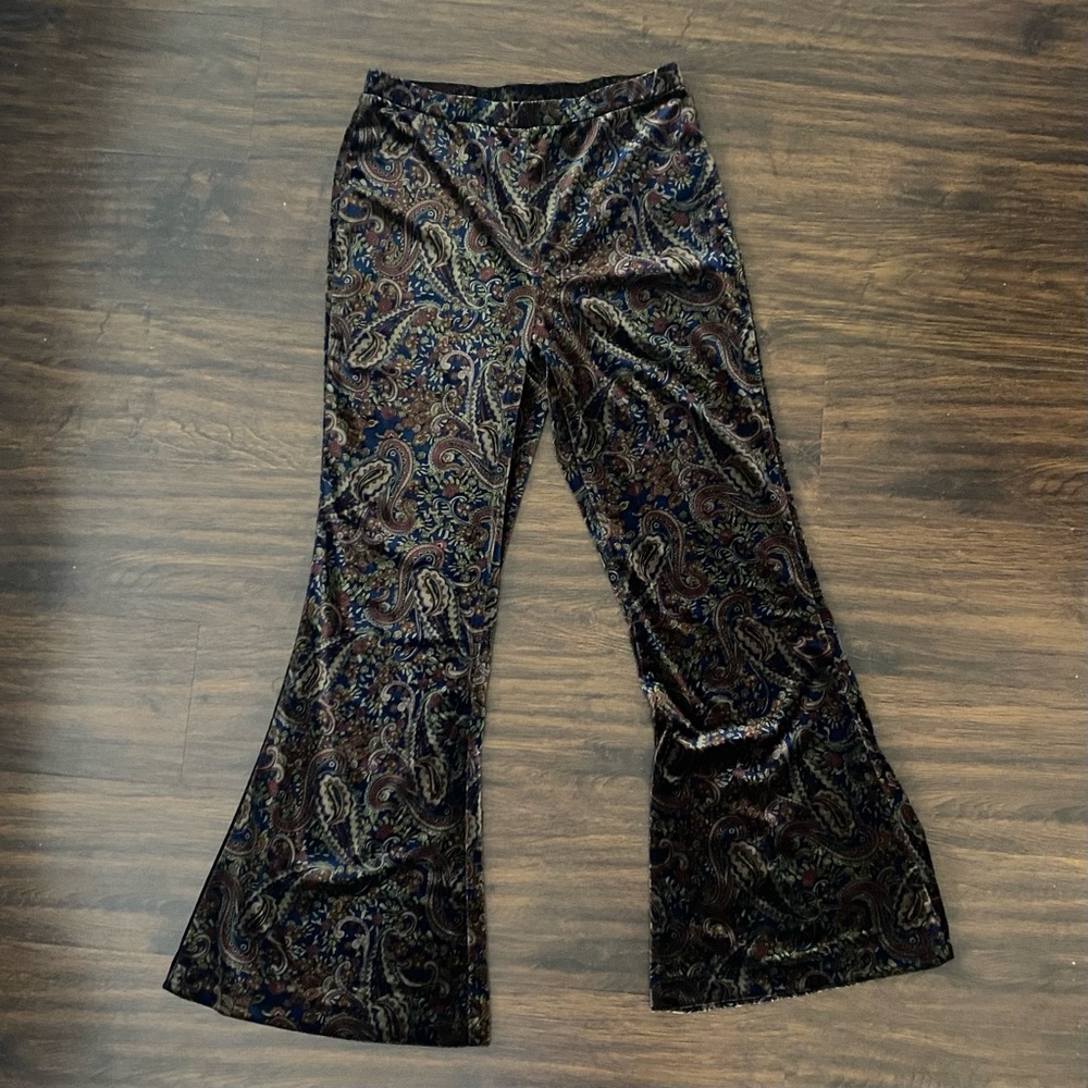 Velour Paisley Print Flare Pants